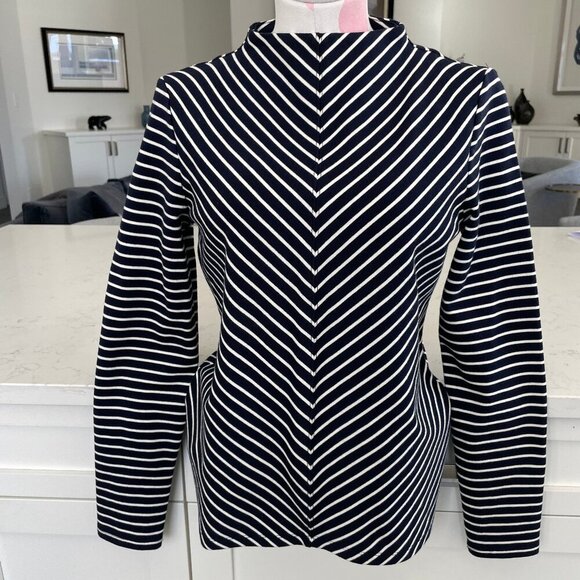 Talbots LS Mock Neck Nautical Chevron Striped 100% Cotton Top Navy + White Sz S - Picture 1 of 10